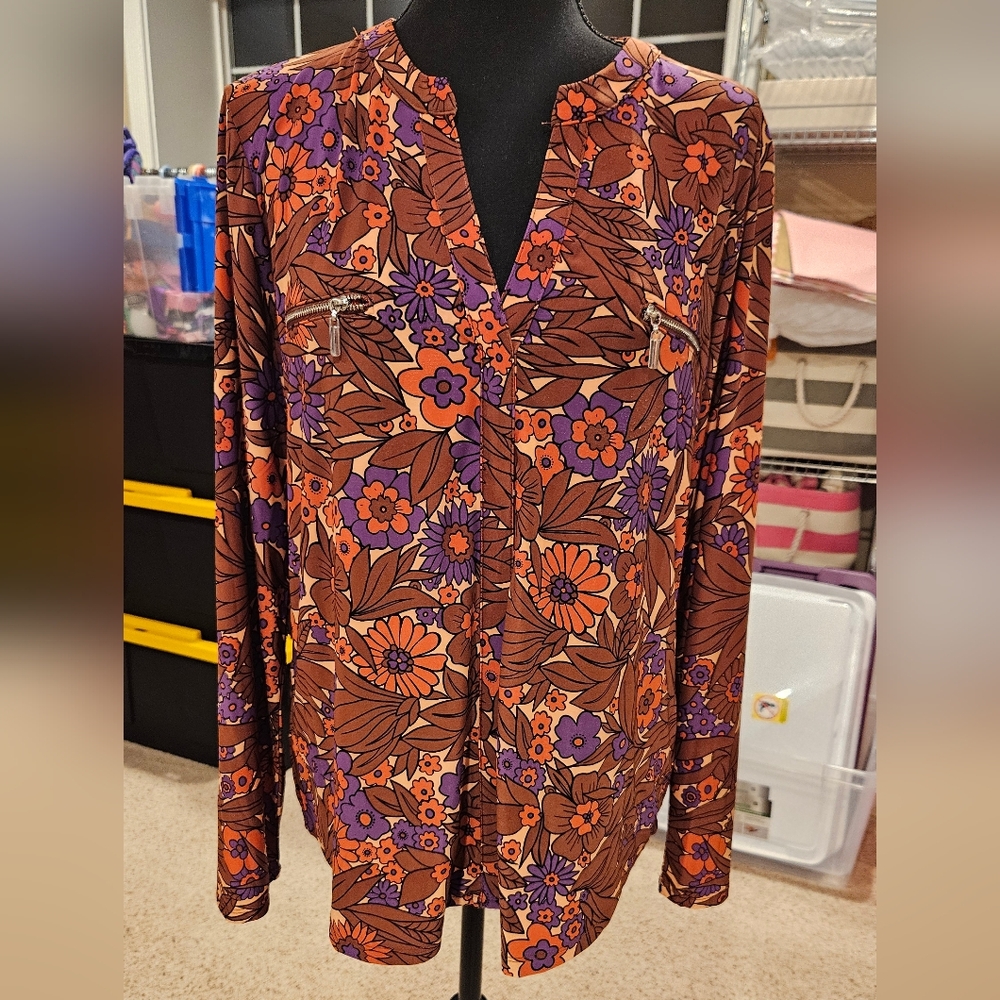 Women's INC Multi-color Floral Long Sleeve Blouse, Size Large